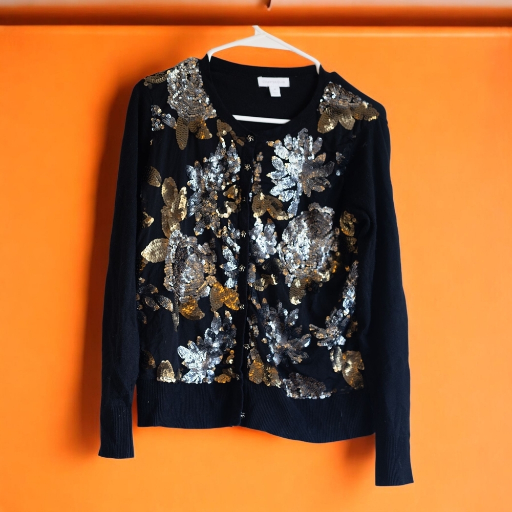 Black Cardigan with Gold and Silver Sequin Floral Design